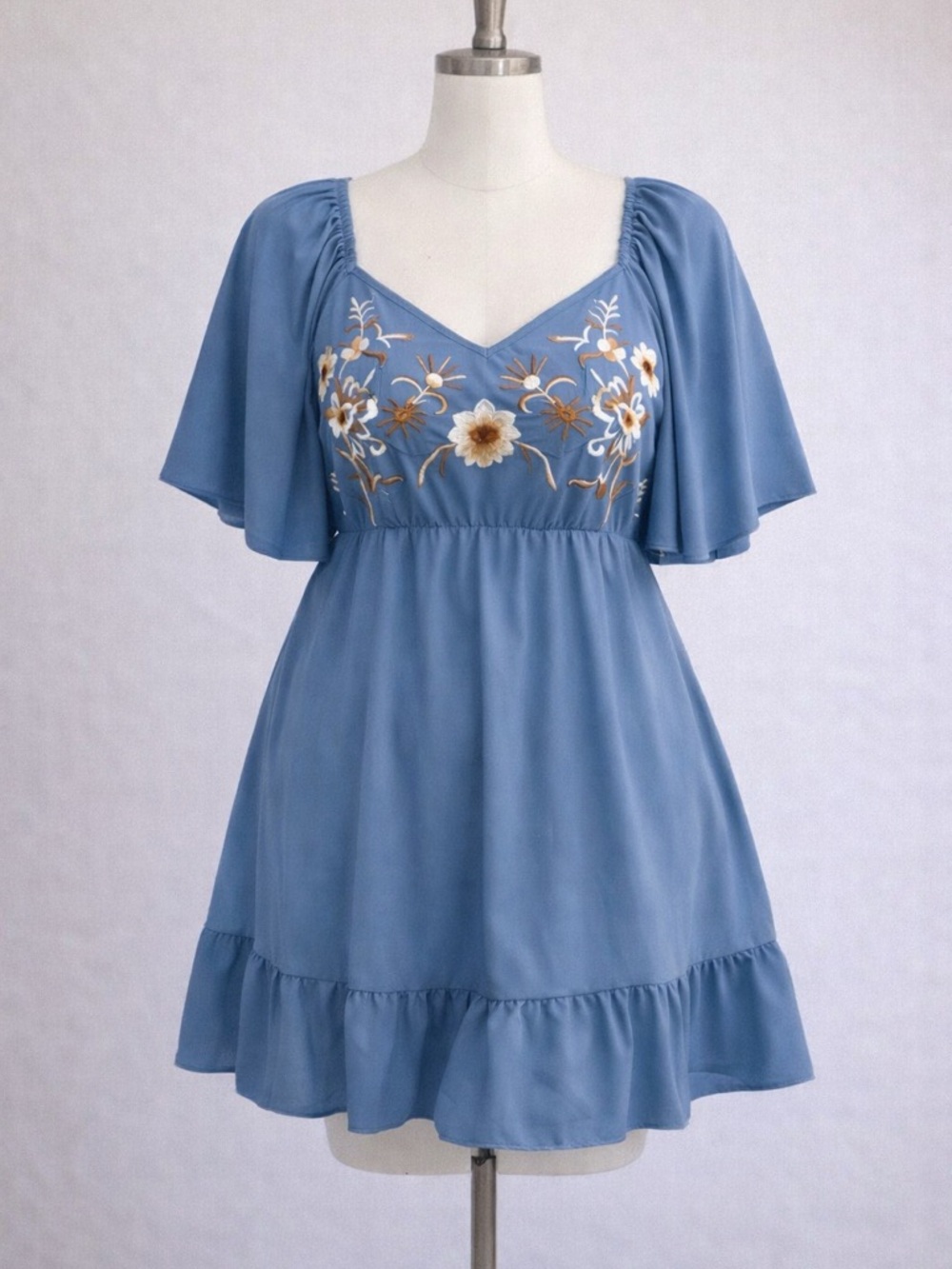 SHEIN Dusty Blue Embroidered Flutter Sleeve Mini Dress - Picture 3 of 3